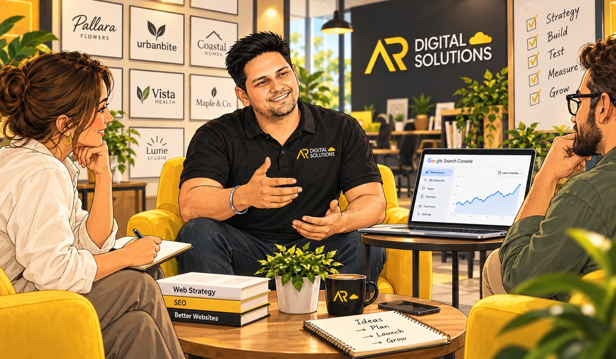 Amann in the office meeting room, wall of client logos behind him, laptop open to a Search Console graph, relaxed and mid-conversation.