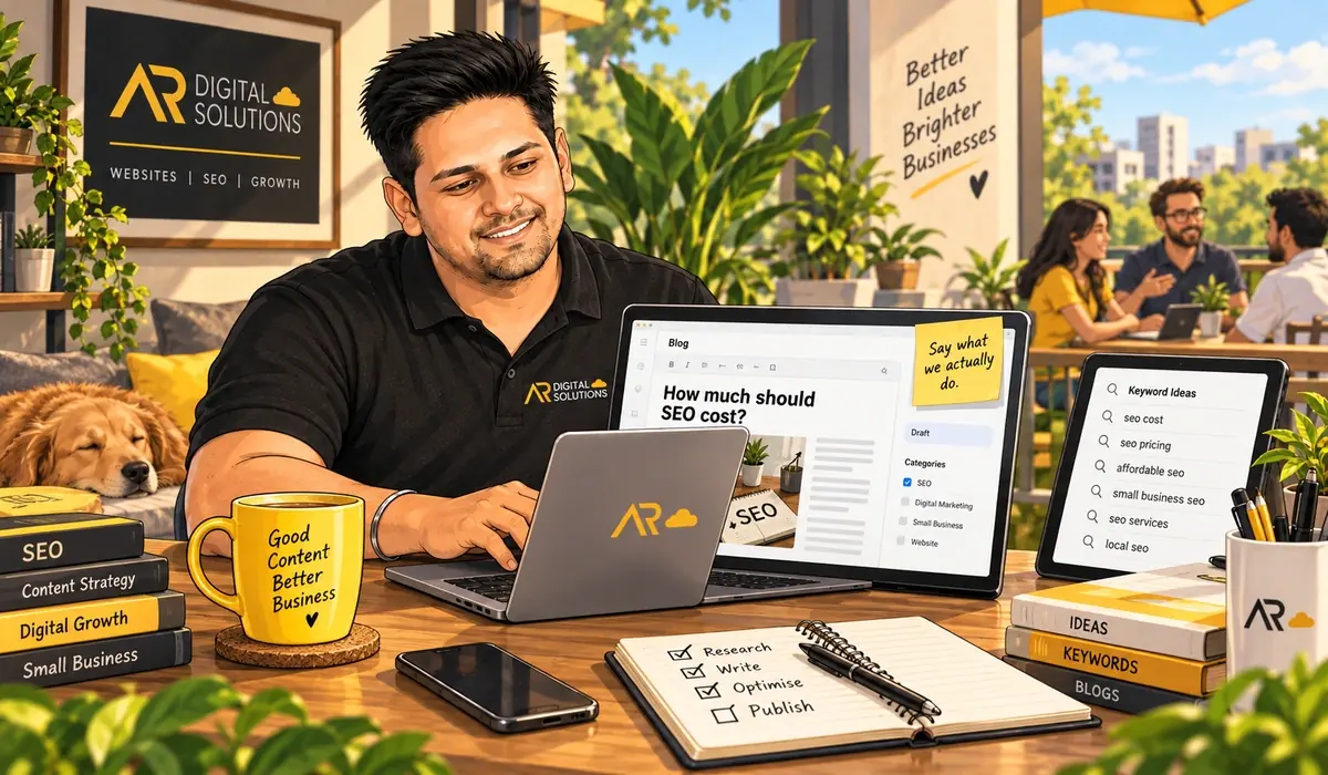 Amann writing at his desk, laptop with a half-written article, second screen showing a keyword list.