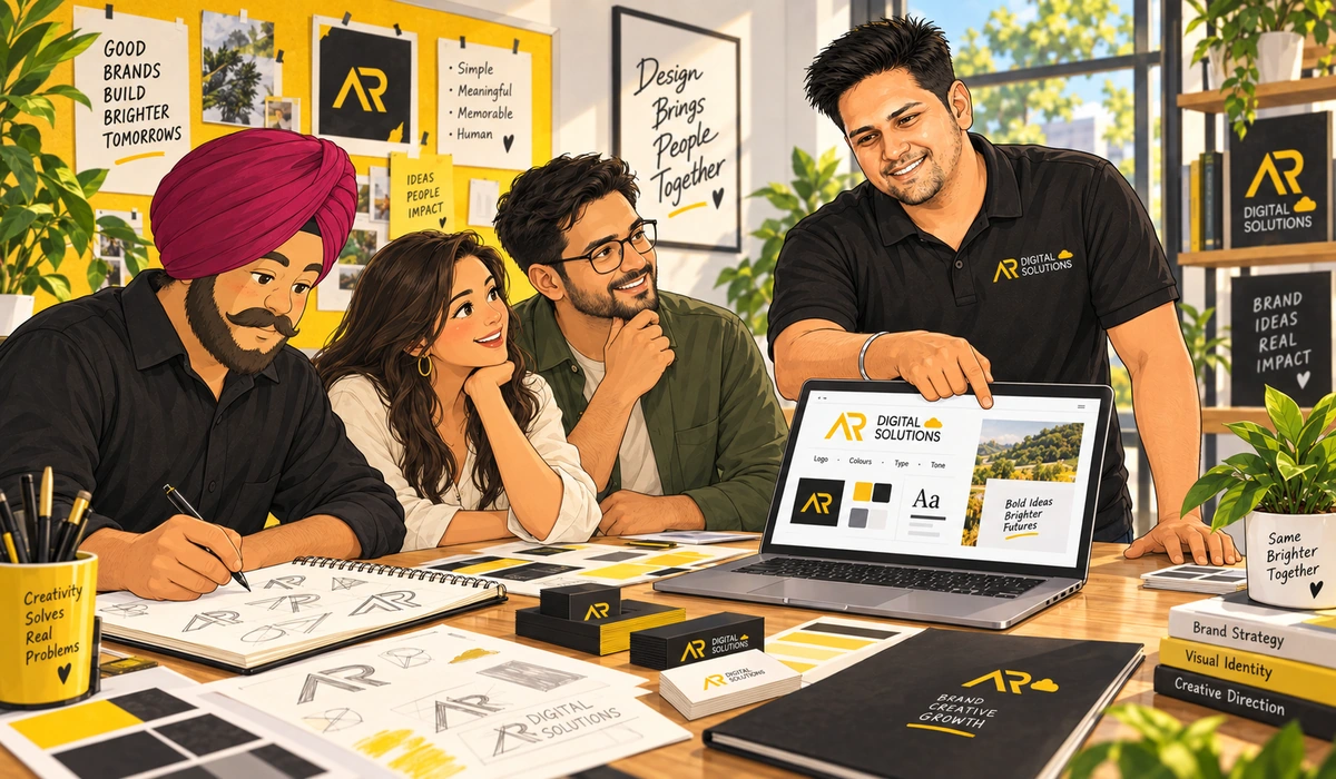 Amann's design desk with logo sketches, printed business cards and a laptop showing a brand style sheet; Rupinder sketching.