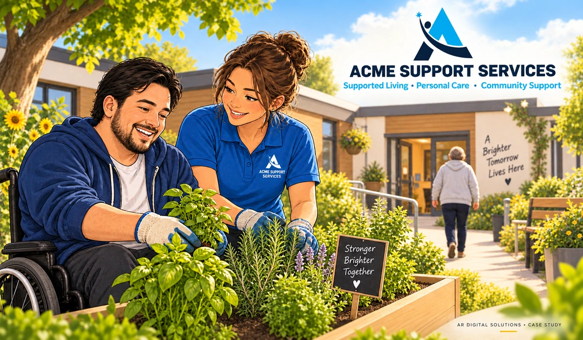 Amann walking the Acme Support Services team through their rank-tracking report on a large monitor, the result line highlighted; the client's workplace visible.