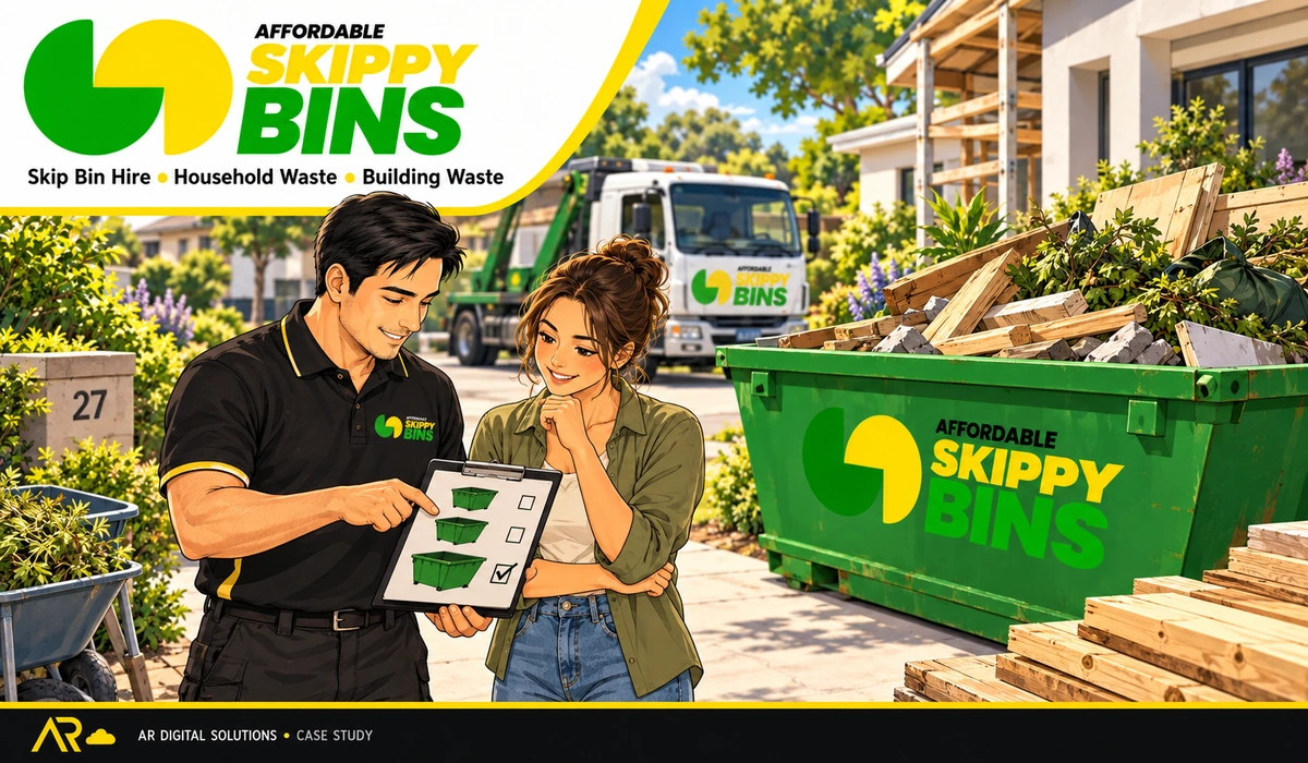 Amann walking the Affordable Skippy Bins team through their rank-tracking report on a large monitor, the result line highlighted; the client's workplace visible.