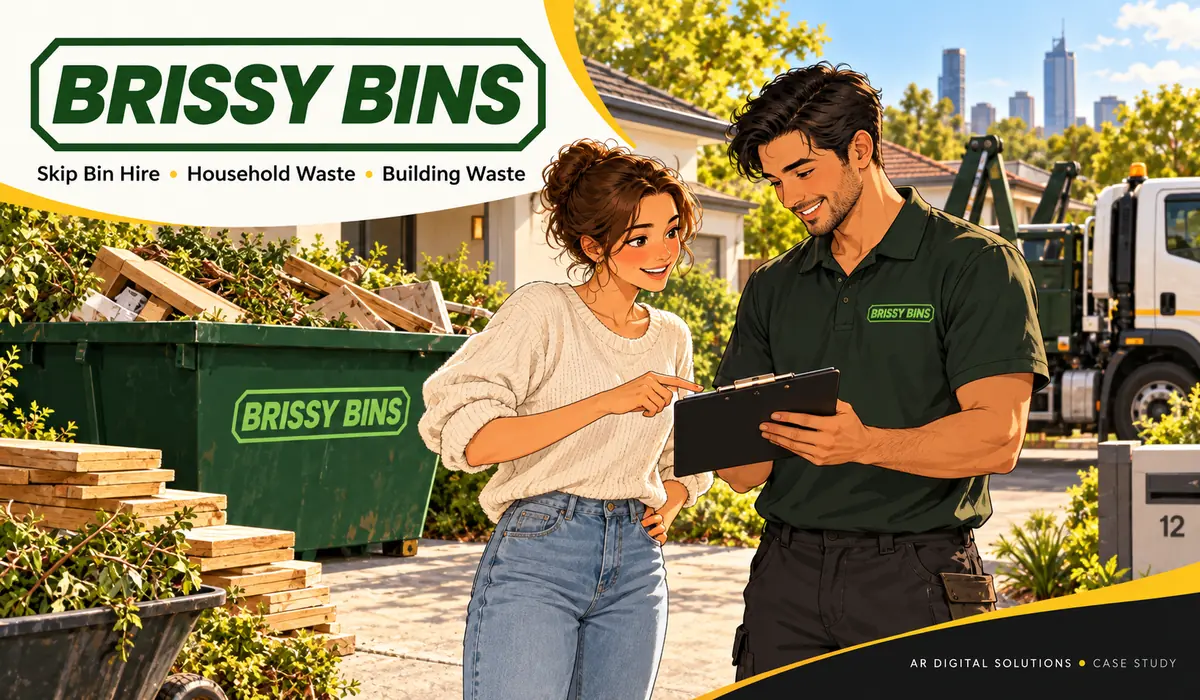 Amann walking the Brissy Bins team through their rank-tracking report on a large monitor, the result line highlighted; the client's workplace visible.