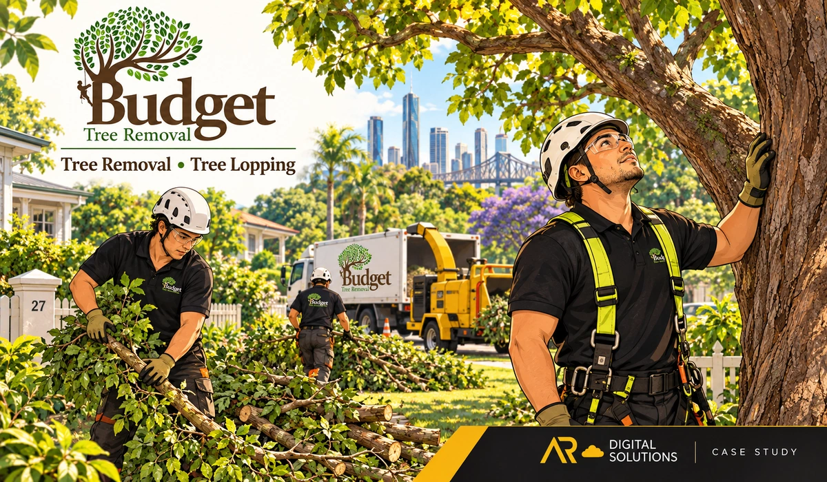 Amann walking the Budget Tree Removal team through their rank-tracking report on a large monitor, the result line highlighted; the client's workplace visible.