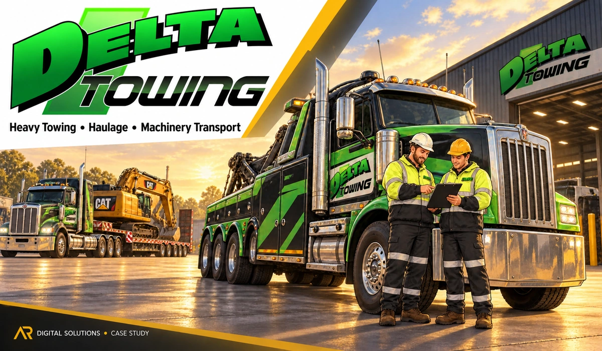Amann walking the Delta Heavy Towing team through their rank-tracking report on a large monitor, the result line highlighted; the client's workplace visible.