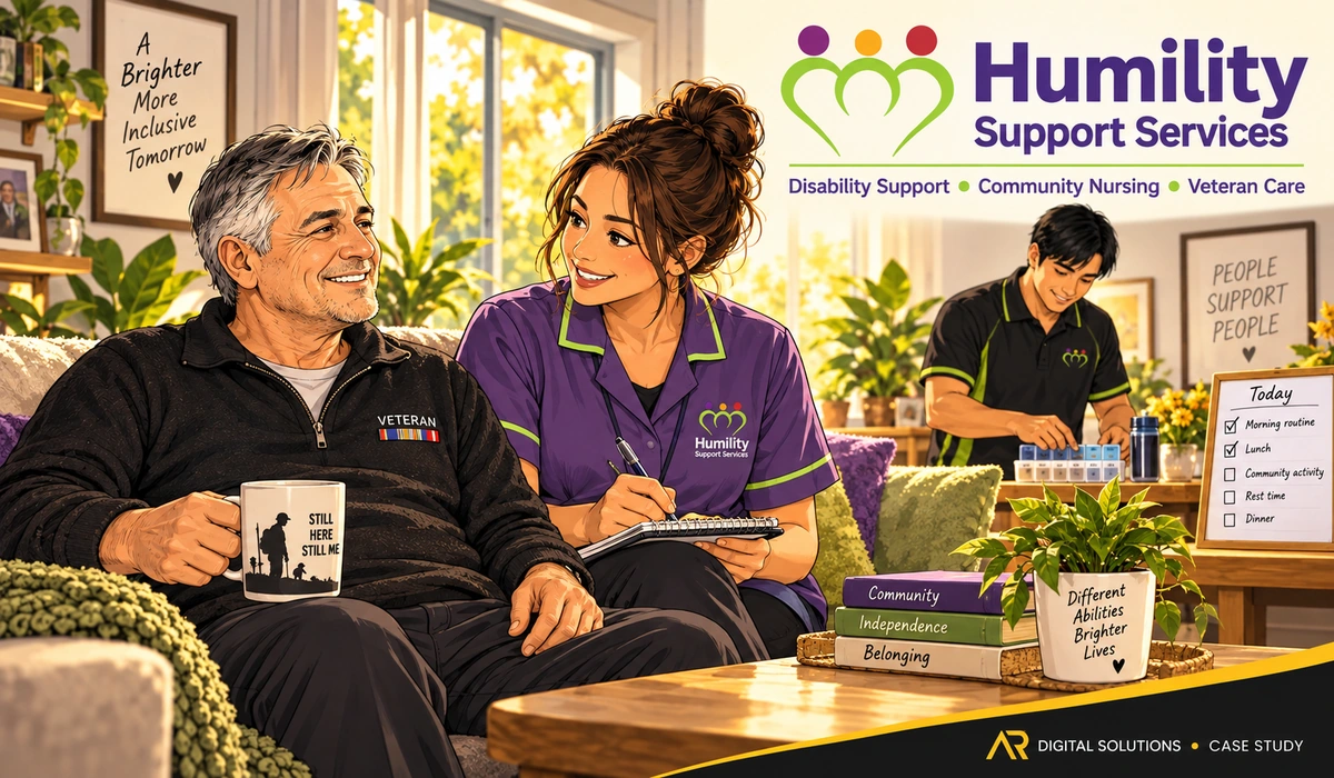 Amann walking the Humility Support Services team through their rank-tracking report on a large monitor, the result line highlighted; the client's workplace visible.
