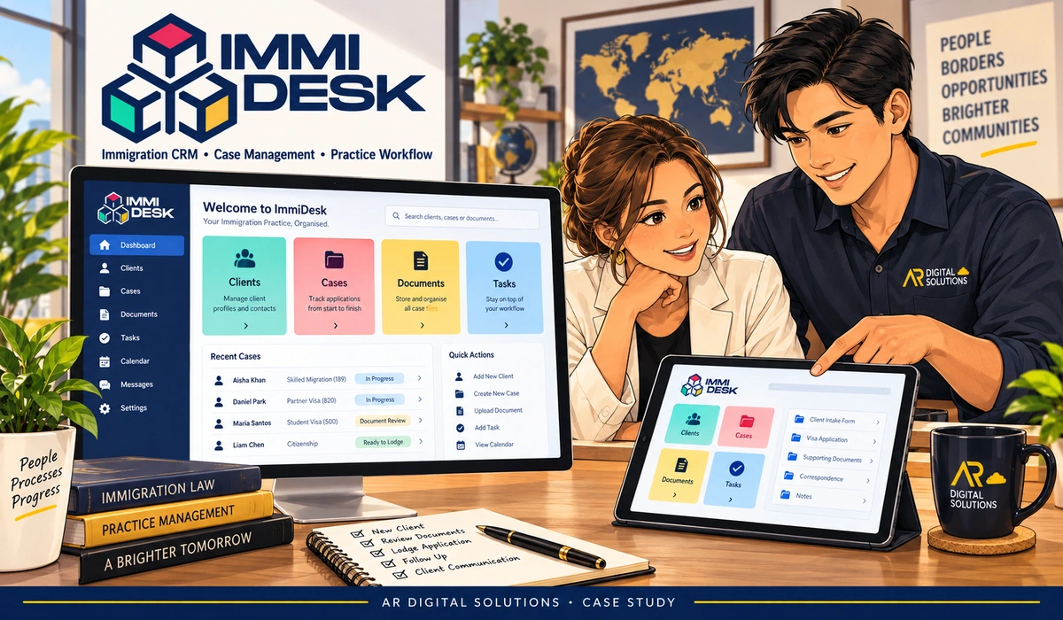Amann walking the Immidesk team through their rank-tracking report on a large monitor, the result line highlighted; the client's workplace visible.