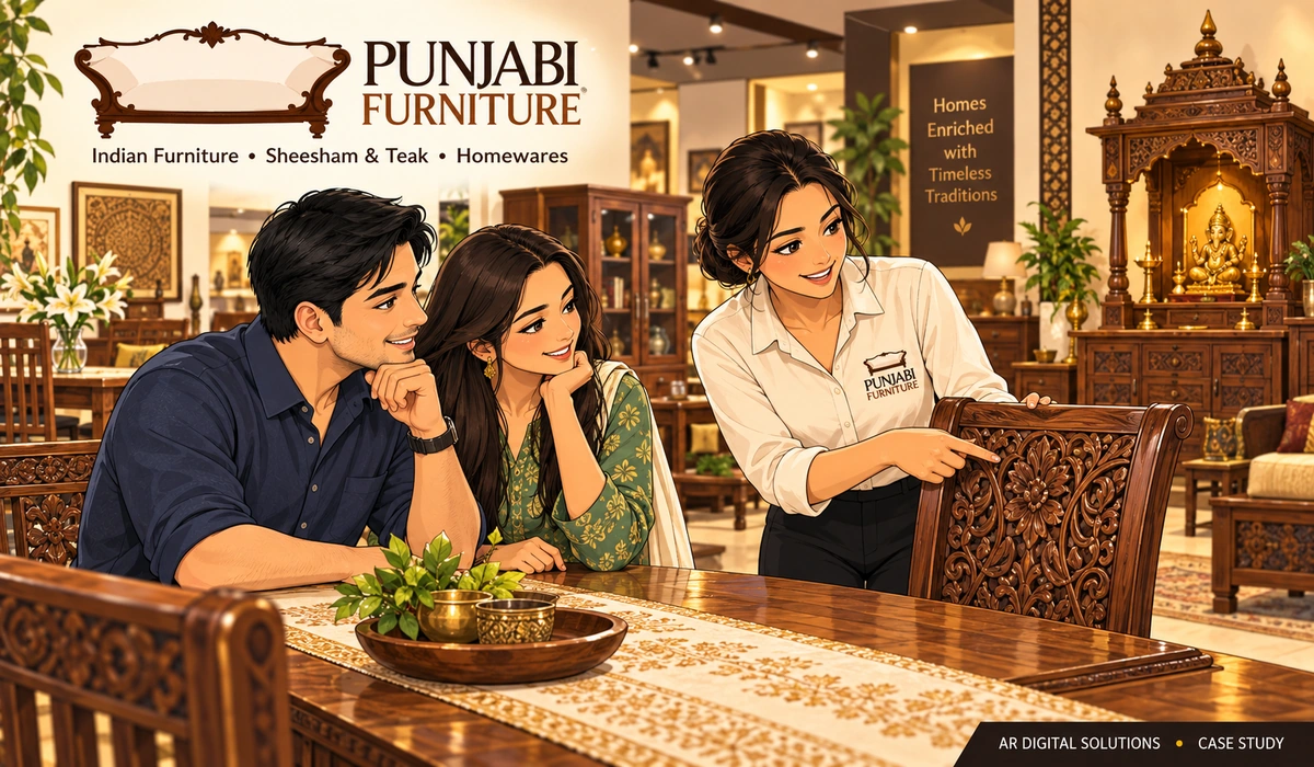 Amann walking the Punjabi Furniture team through their rank-tracking report on a large monitor, the result line highlighted; the client's workplace visible.