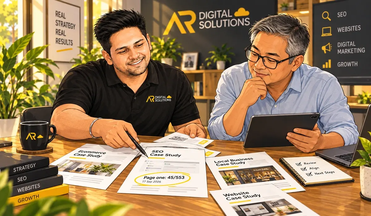 Amann at a big table with printed case studies fanned out, each with a dated result circled in yellow.