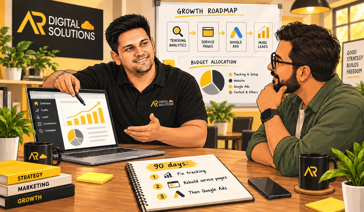 Amann in a strategy session with a business owner, laptop showing analytics, a printed 90-day plan on the table.