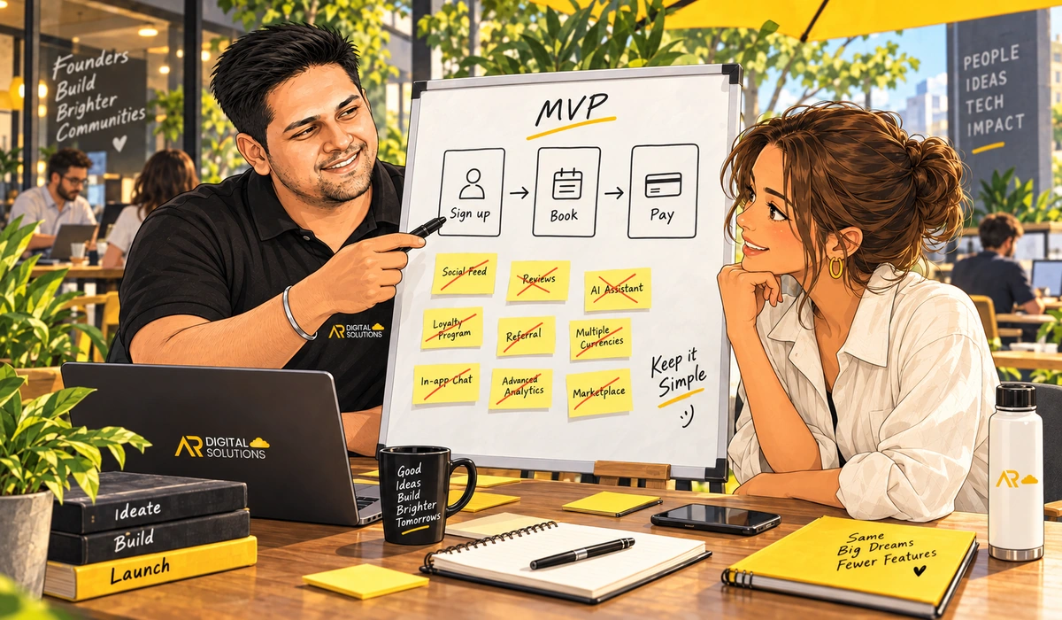 Amann and a founder sketching an app flow on a whiteboard, three boxes only, a lot of crossed-out extras.