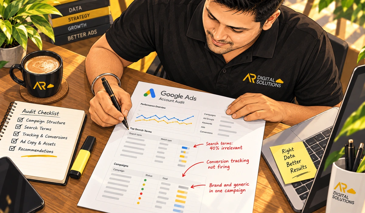 Close-up of an annotated Google Ads account printout with Amann's handwritten notes in the margin, his hand holding a pen.