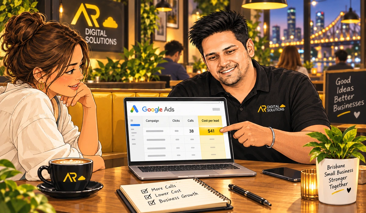 Amann at a desk reviewing a Google Ads dashboard with a client, cost-per-lead column highlighted.