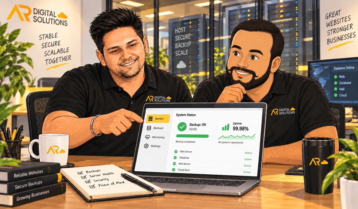 Amann and Surinder reviewing server status on a laptop, green uptime graph, a backup completing.