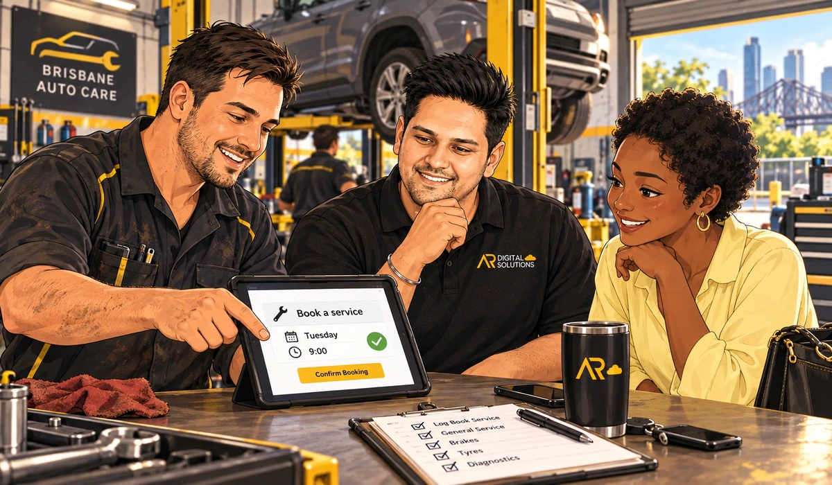 Mechanic in a Brisbane workshop showing Amann a booking page on a tablet, car on the hoist behind.