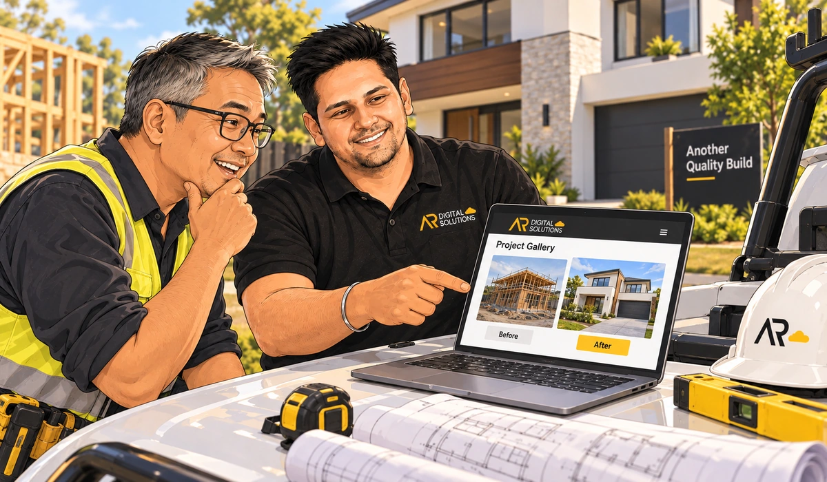 Builder and Amann on a finished home site, laptop on a ute bonnet showing a project gallery page.
