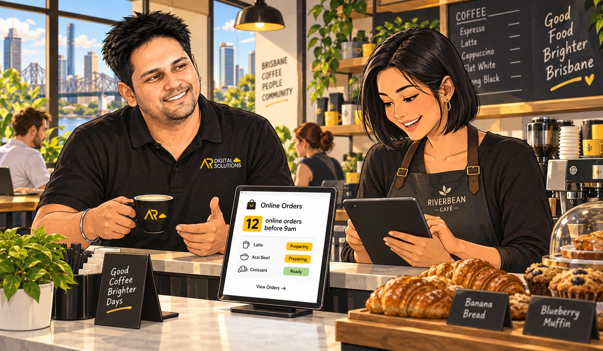 Brisbane cafe owner behind the counter checking online orders on a tablet, Amann on the customer side with a coffee.