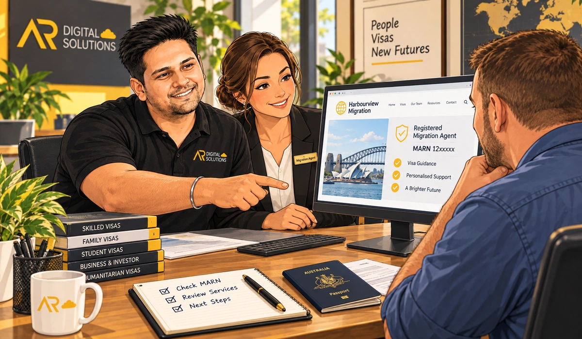 Amann with a migration agent at a desk, agency website on the monitor with the MARN clearly visible under the logo.