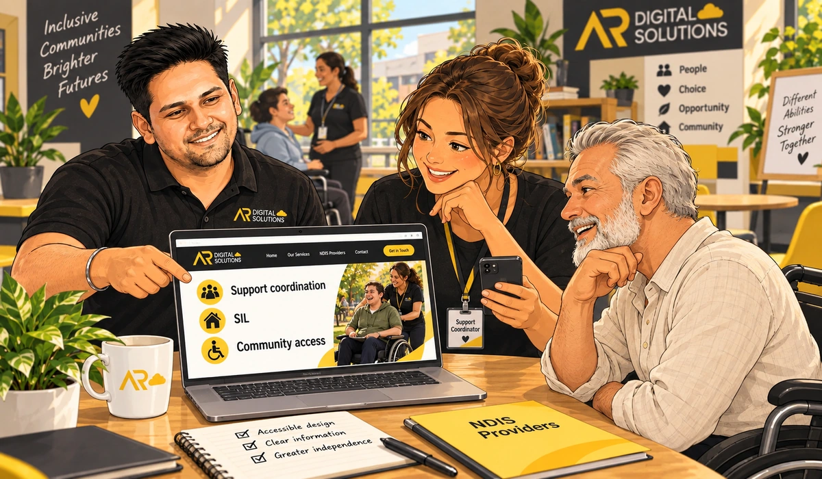 NDIS provider website on a phone and laptop with large accessible text, Amann and a support coordinator reviewing it.