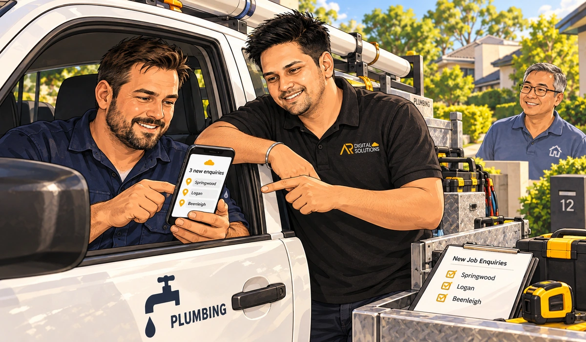 Plumber in a ute checking new job enquiries on his phone, Amann leaning on the door.