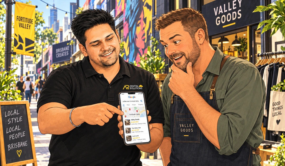 Amann on site with a Fortitude Valley business owner, phone showing the Google map pack for a "Fortitude Valley" search, the local shopfront or street in the background.