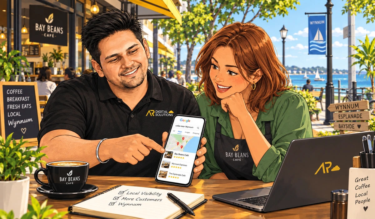 Amann on site with a Wynnum business owner, phone showing the Google map pack for a "Wynnum" search, the local shopfront or street in the background.