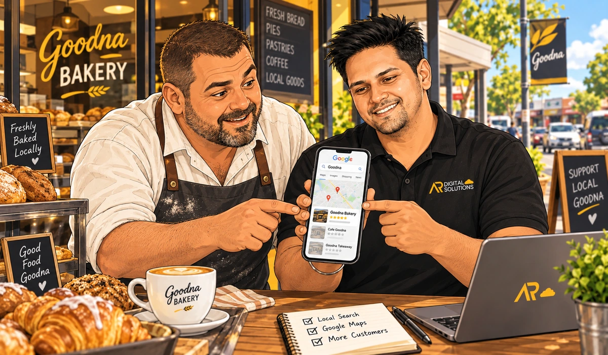 Amann on site with a Goodna business owner, phone showing the Google map pack for a "Goodna" search, the local shopfront or street in the background.