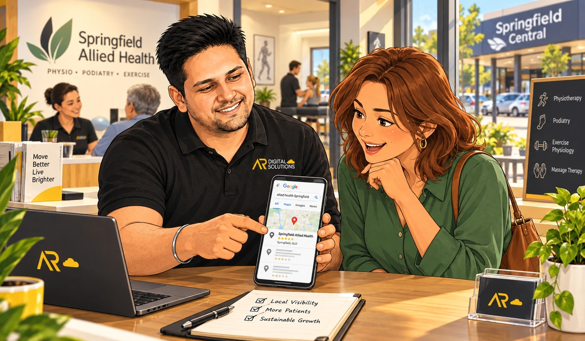Amann on site with a Springfield business owner, phone showing the Google map pack for a "Springfield" search, the local shopfront or street in the background.