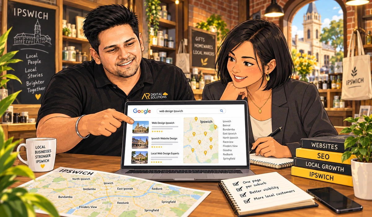 Amann reviewing local search results for Ipswich on a laptop with a local business owner, a printed map of the region on the desk.