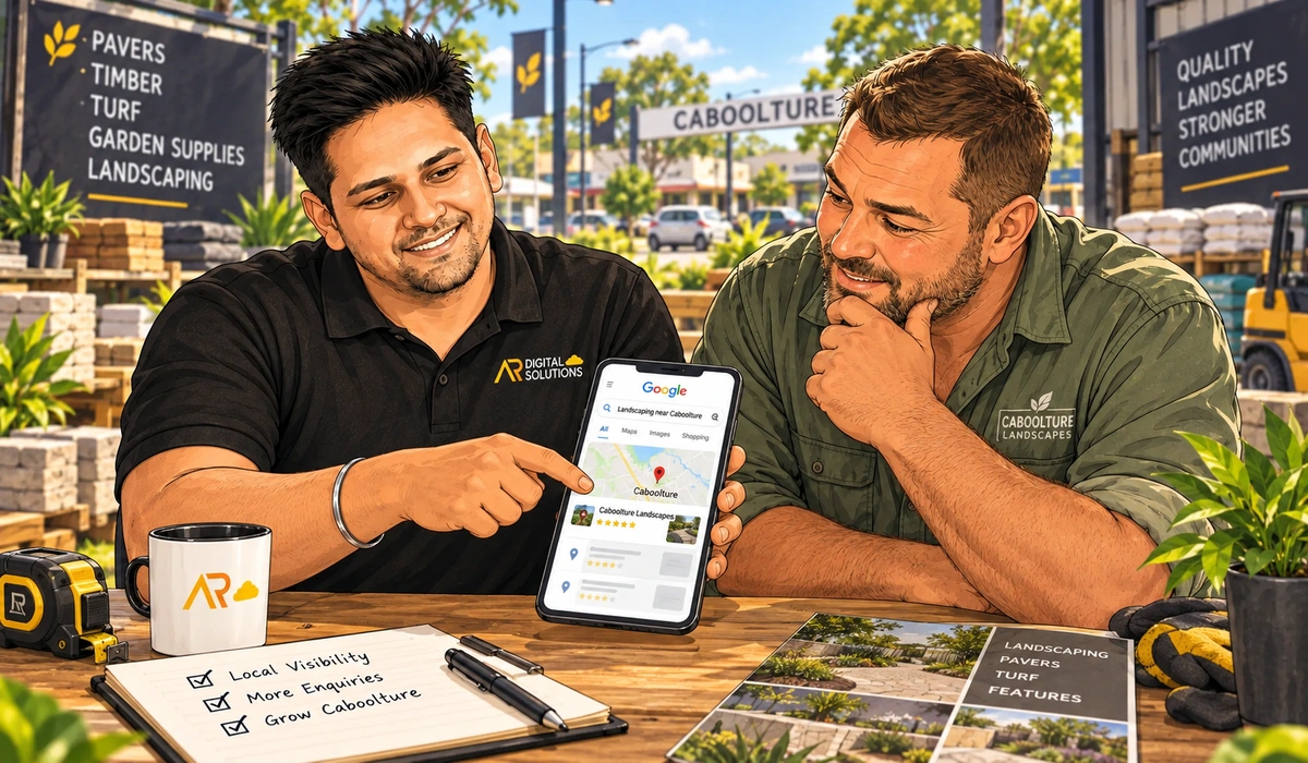 Amann on site with a Caboolture business owner, phone showing the Google map pack for a "Caboolture" search, the local shopfront or street in the background.