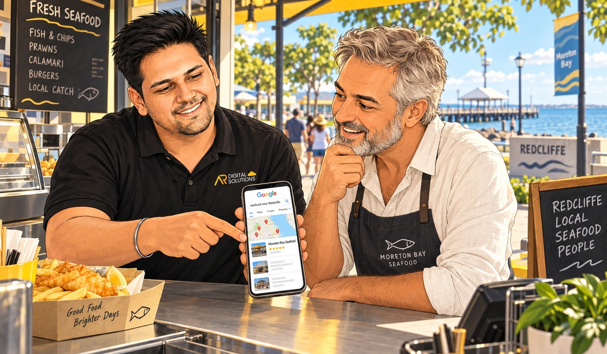 Amann on site with a Redcliffe business owner, phone showing the Google map pack for a "Redcliffe" search, the local shopfront or street in the background.