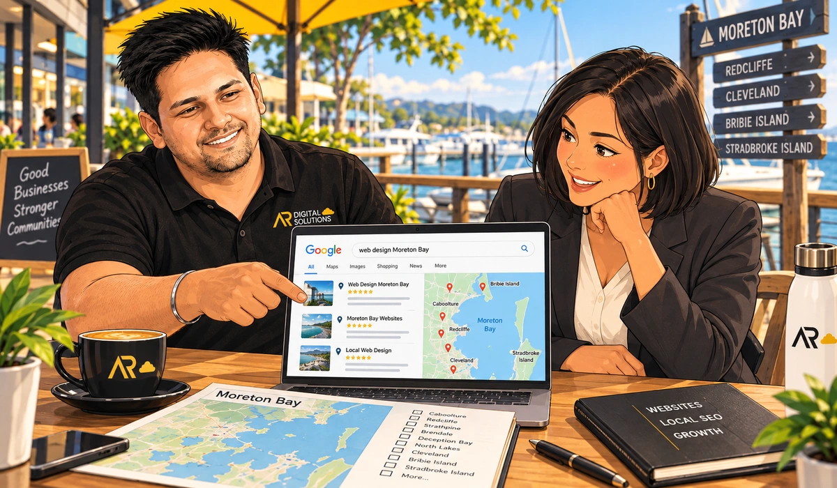 Amann reviewing local search results for Moreton Bay on a laptop with a local business owner, a printed map of the region on the desk.