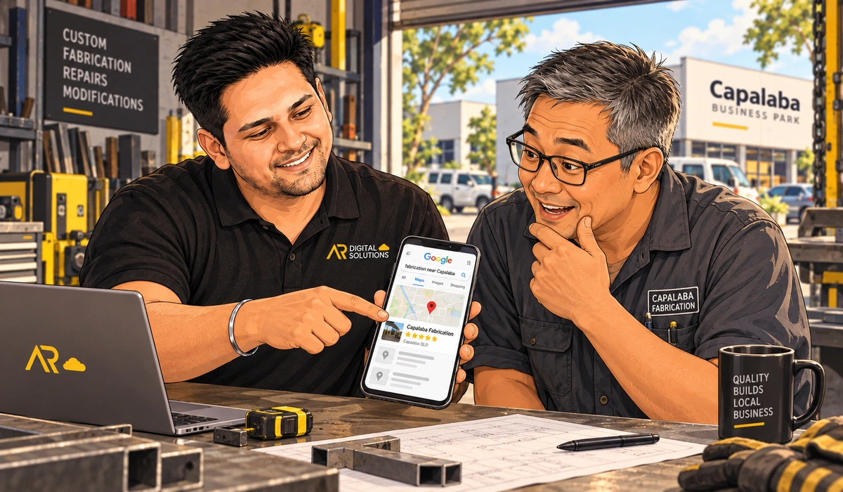 Amann on site with a Capalaba business owner, phone showing the Google map pack for a "Capalaba" search, the local shopfront or street in the background.