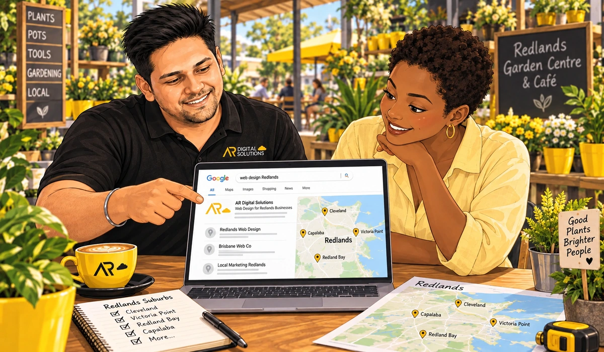 Amann reviewing local search results for Redlands on a laptop with a local business owner, a printed map of the region on the desk.