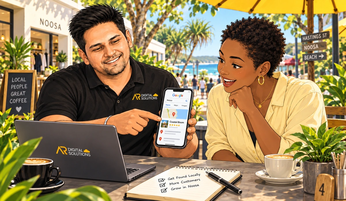Amann on site with a Noosa business owner, phone showing the Google map pack for a "Noosa" search, the local shopfront or street in the background.