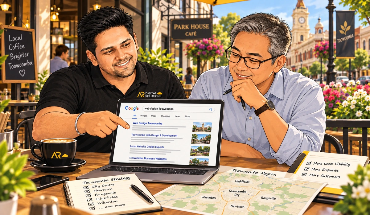Amann reviewing local search results for Toowoomba on a laptop with a local business owner, a printed map of the region on the desk.