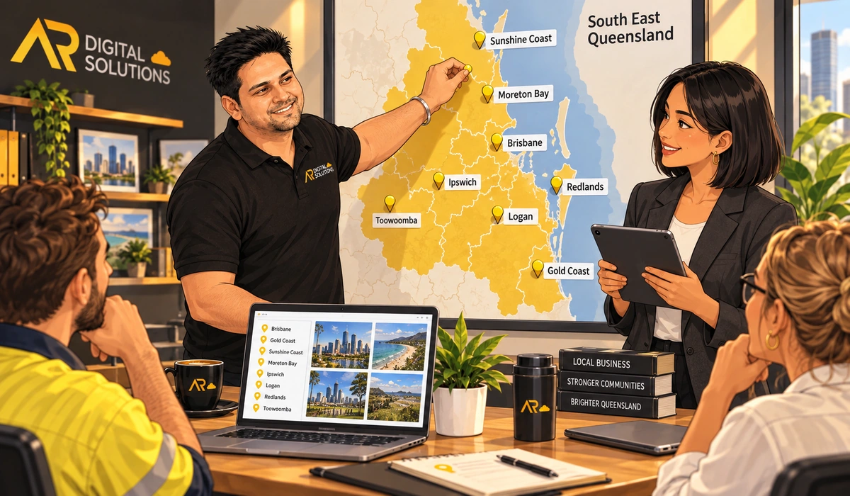 Amann at a printed map of South East Queensland with the eight regions marked, pins and client names on it.