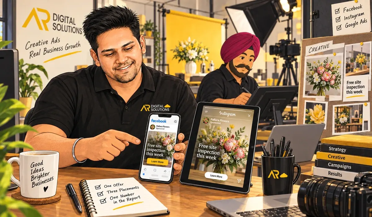 Amann holding a phone showing a Facebook ad, tablet beside it showing the same offer as an Instagram story; graphic designer in the background.