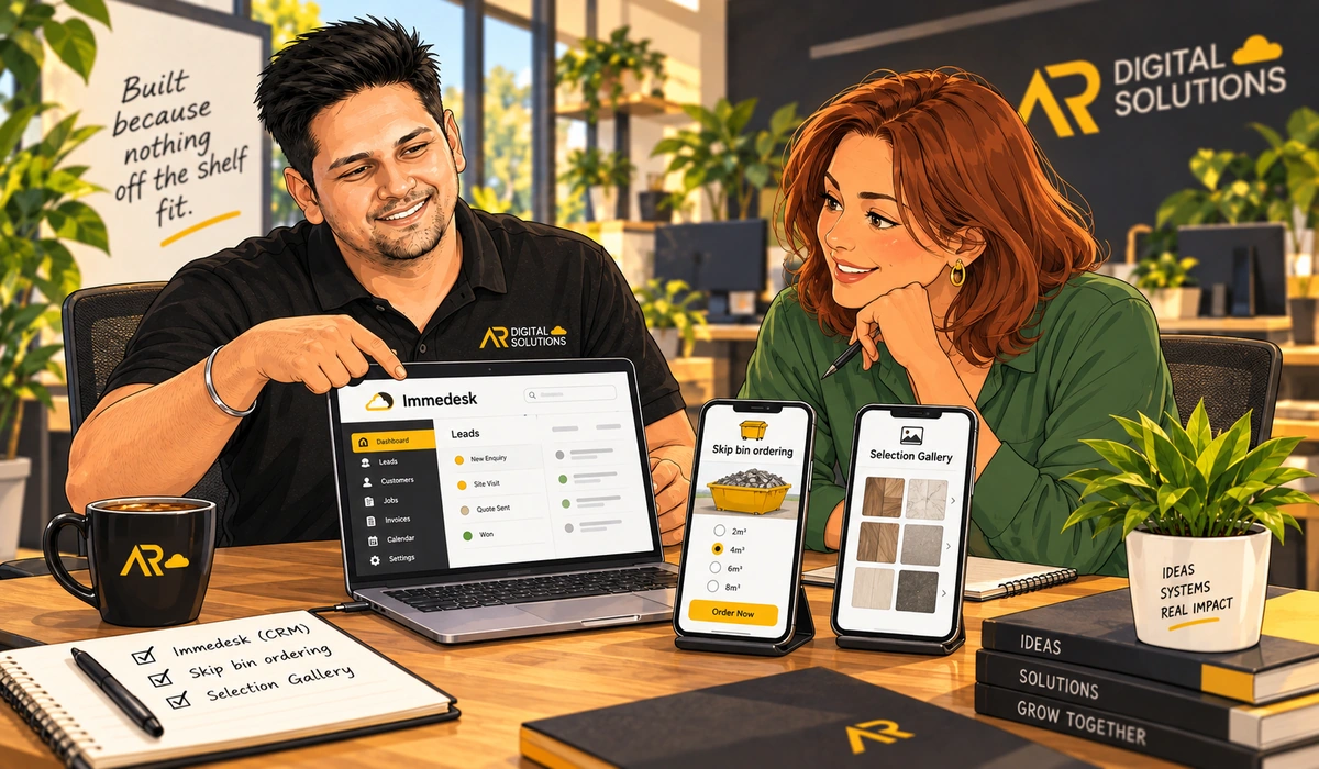 Collage-style scene: Amann at a desk with a laptop and two phones showing different AR products.