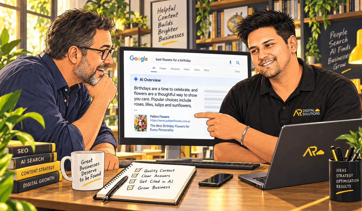 Amann at a monitor showing a Google AI Overview answer with the client's site cited as a source; client leaning in.
