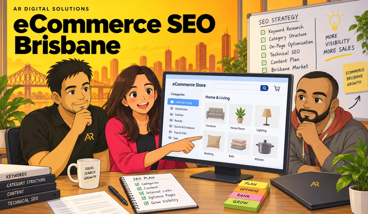 Ghibli-inspired illustration of Amann Jhamb, Priyanka Sharma and Ankit from AR Digital Solutions discussing retail category page structure.