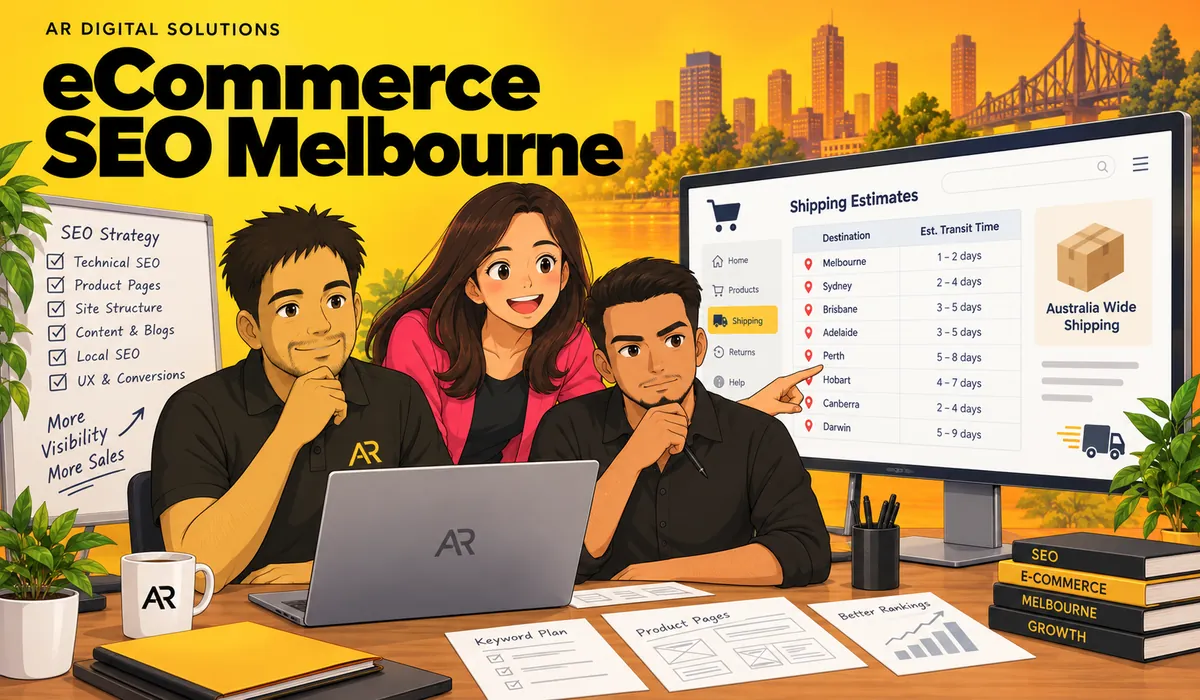 Ghibli-inspired illustration of Amann Jhamb, Priyanka Sharma and Arun from AR Digital Solutions discussing delivery information for online shoppers.