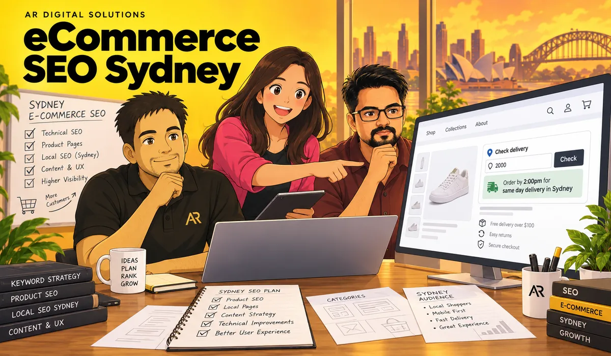 Ghibli-inspired illustration of Amann Jhamb, Priyanka Sharma and Kailash Sharma from AR Digital Solutions discussing postcode-based delivery information.
