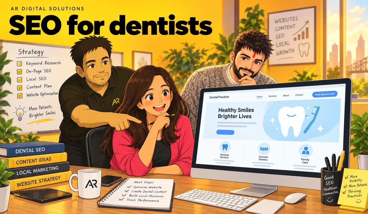 Ghibli-inspired illustration of Amann Jhamb, Priyanka Sharma and Aman Chauhan from AR Digital Solutions discussing dental website planning.