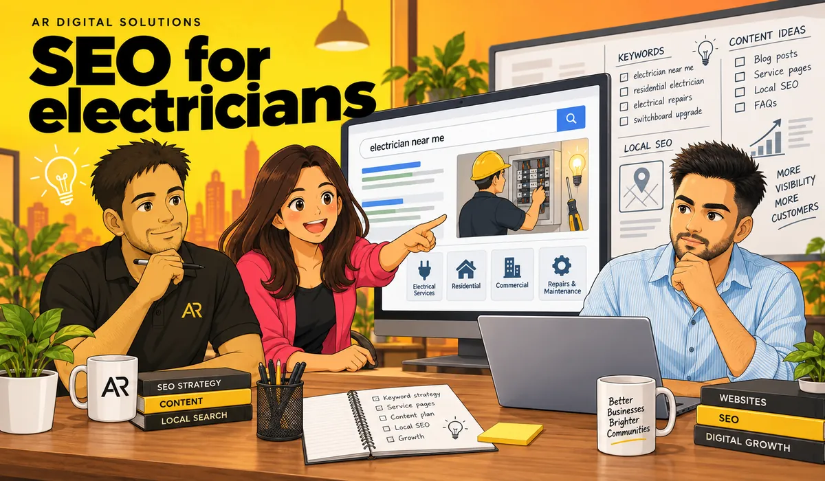 Ghibli-inspired illustration of Amann Jhamb, Priyanka Sharma and Abhijeet Pathania from AR Digital Solutions discussing an electrical contractor website.