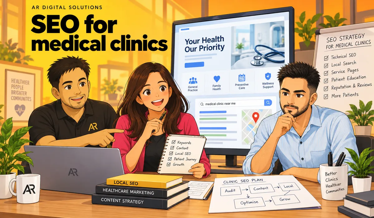 Ghibli-inspired illustration of Amann Jhamb, Priyanka Sharma and Abhijeet Pathania from AR Digital Solutions discussing medical clinic website planning.