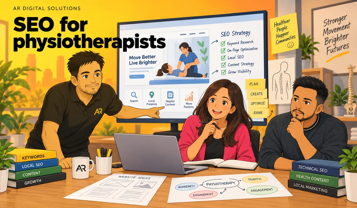 Ghibli-inspired illustration of Amann Jhamb, Priyanka Sharma and Ravi Kumar from AR Digital Solutions discussing physiotherapy website planning.