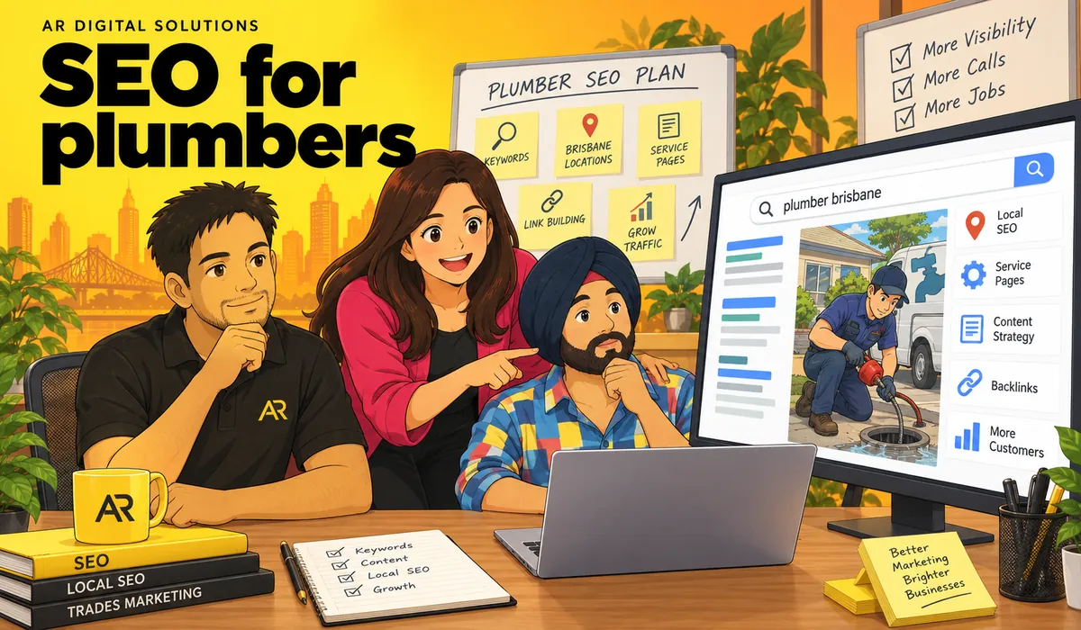 Ghibli-inspired illustration of Amann Jhamb, Priyanka Sharma and Sahib from AR Digital Solutions discussing plumbing website planning.
