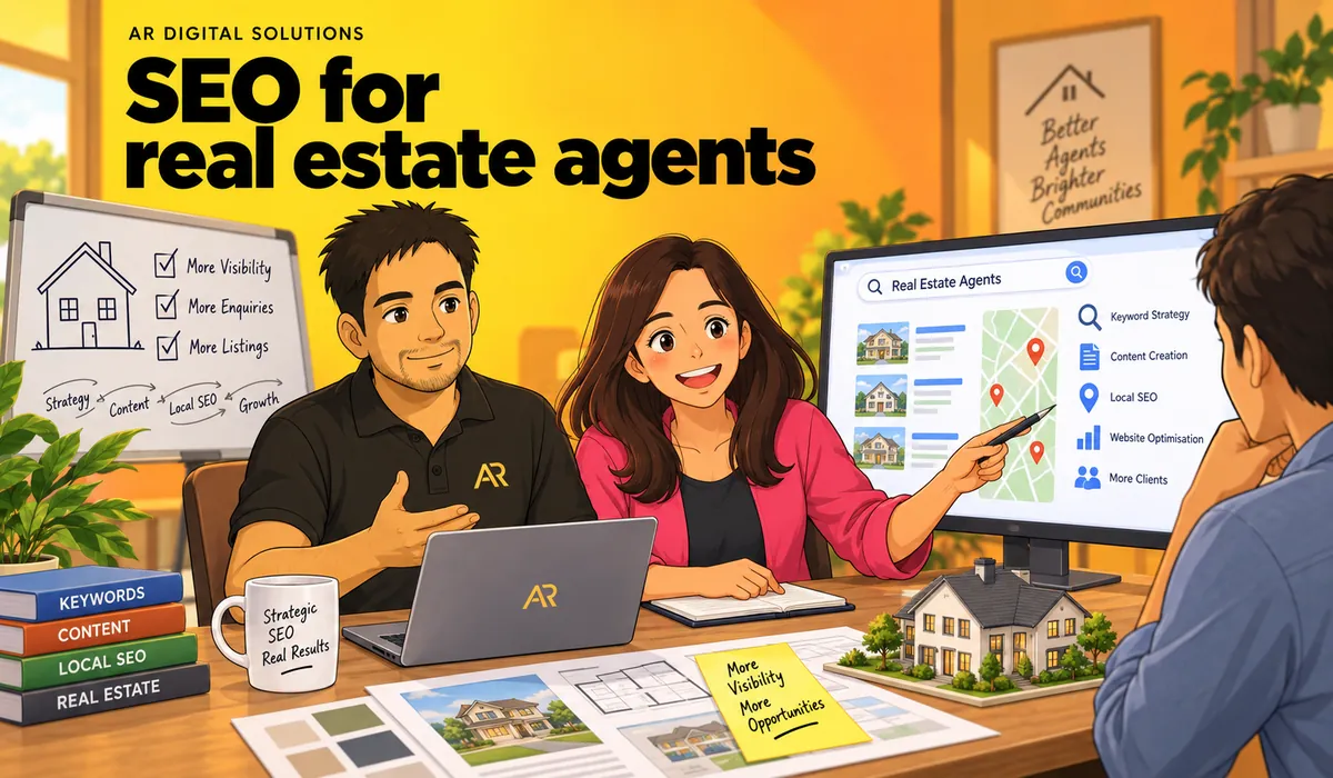 Ghibli-inspired illustration of Amann Jhamb and Priyanka Sharma from AR Digital Solutions discussing real estate website planning.