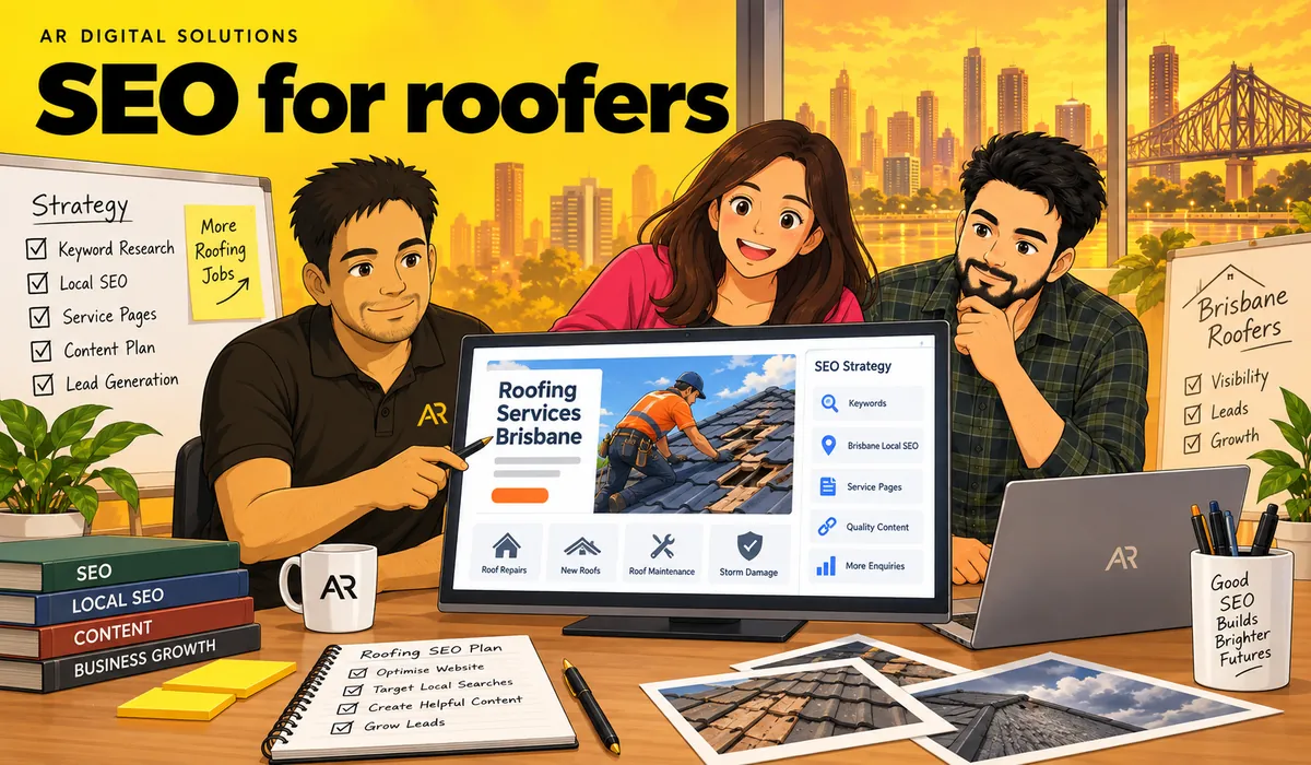 Ghibli-inspired illustration of Amann Jhamb, Priyanka Sharma and Sunil Sharma from AR Digital Solutions discussing roofing website planning.