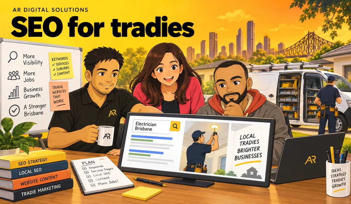 Ghibli-inspired illustration of Amann Jhamb, Priyanka Sharma and Ankit from AR Digital Solutions discussing trade business website planning.